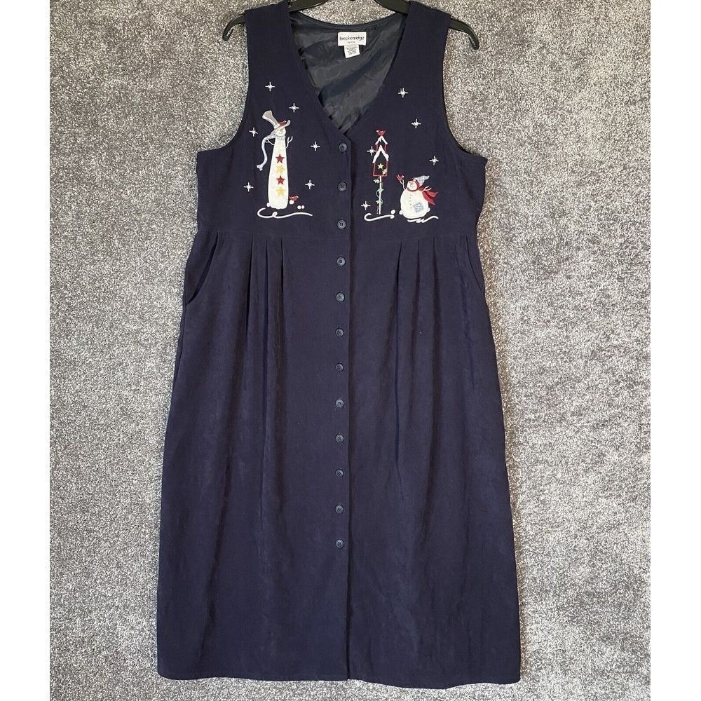 Vtg Christmas Jumper Dress Womens L Petite Snowman Cottagecore Maxi Teacher Navy